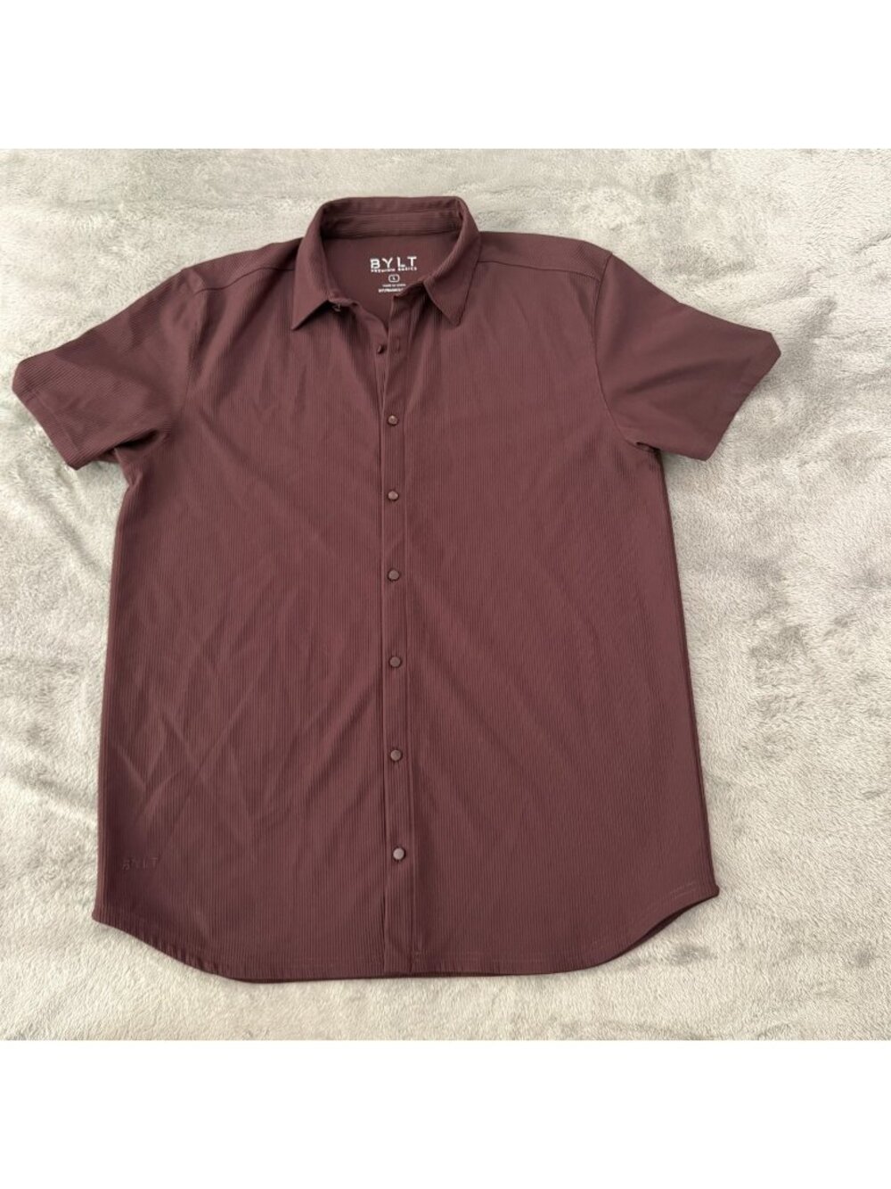 Bylt Premium Ribbed Brown Collared Button Down Short Sleeve Shirt Mens LARGE